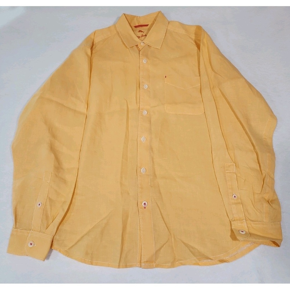 Tommy Bahama Linen Shirt Mens Medium Long-sleeved Button Up Peach Pocket‎ Casual
